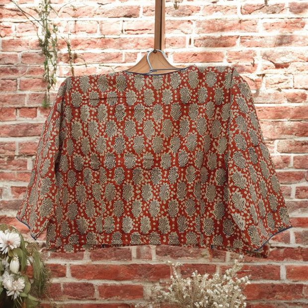 Red Offwhite Handblock Print Cotton Blouse