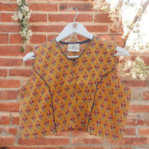 Orange Red Handblock Print Cotton Blouse