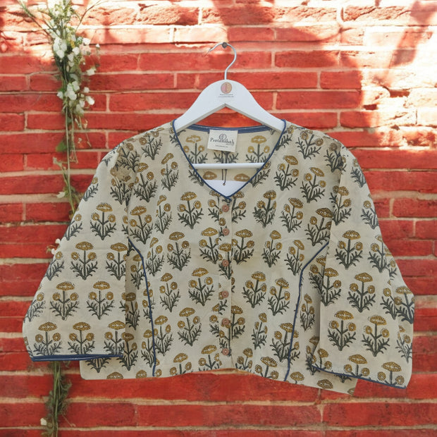 Cream Green Handblock Print Cotton Blouse