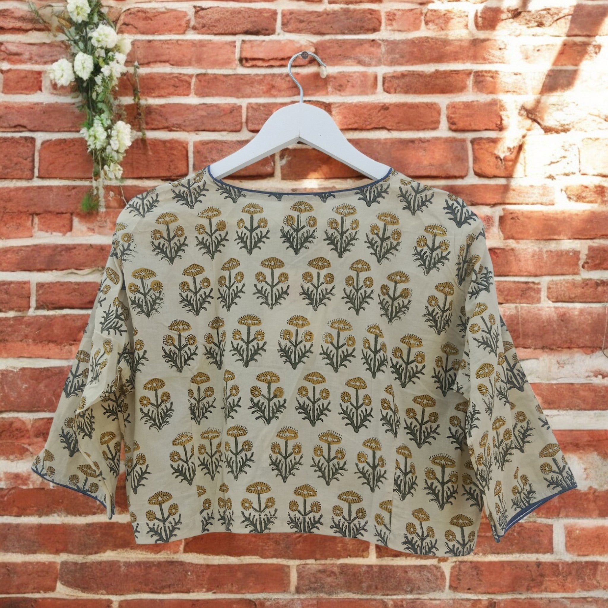 Cream Green Handblock Print Cotton Blouse