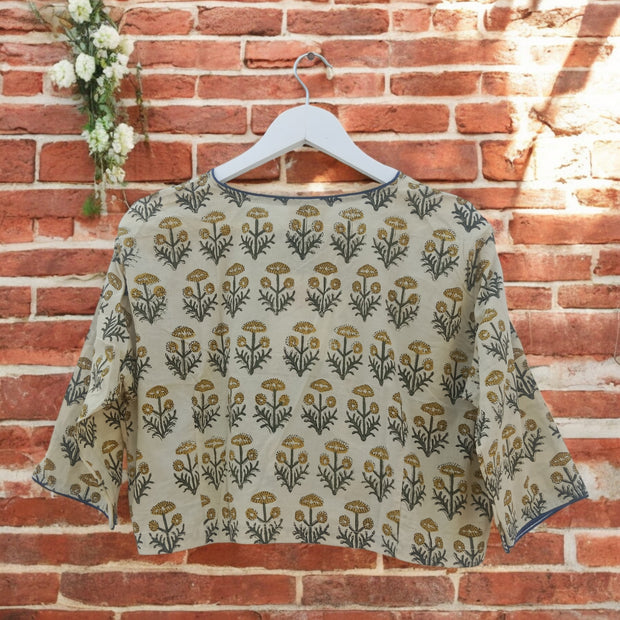 Cream Green Handblock Print Cotton Blouse