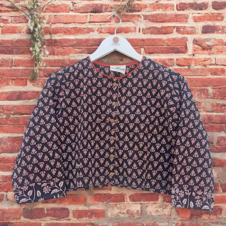 Black Red Handblock Print Cotton Blouse