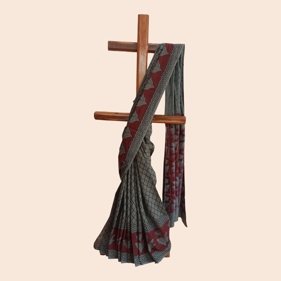 Grey Black Weave Handblock Print Cotton Saree