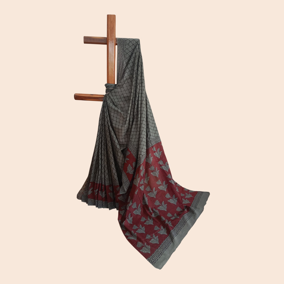 Grey Black Weave Handblock Print Cotton Saree