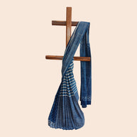 Blue White Stripe Handblock Print Cotton Saree