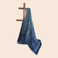 Blue White Stripe Handblock Print Cotton Saree