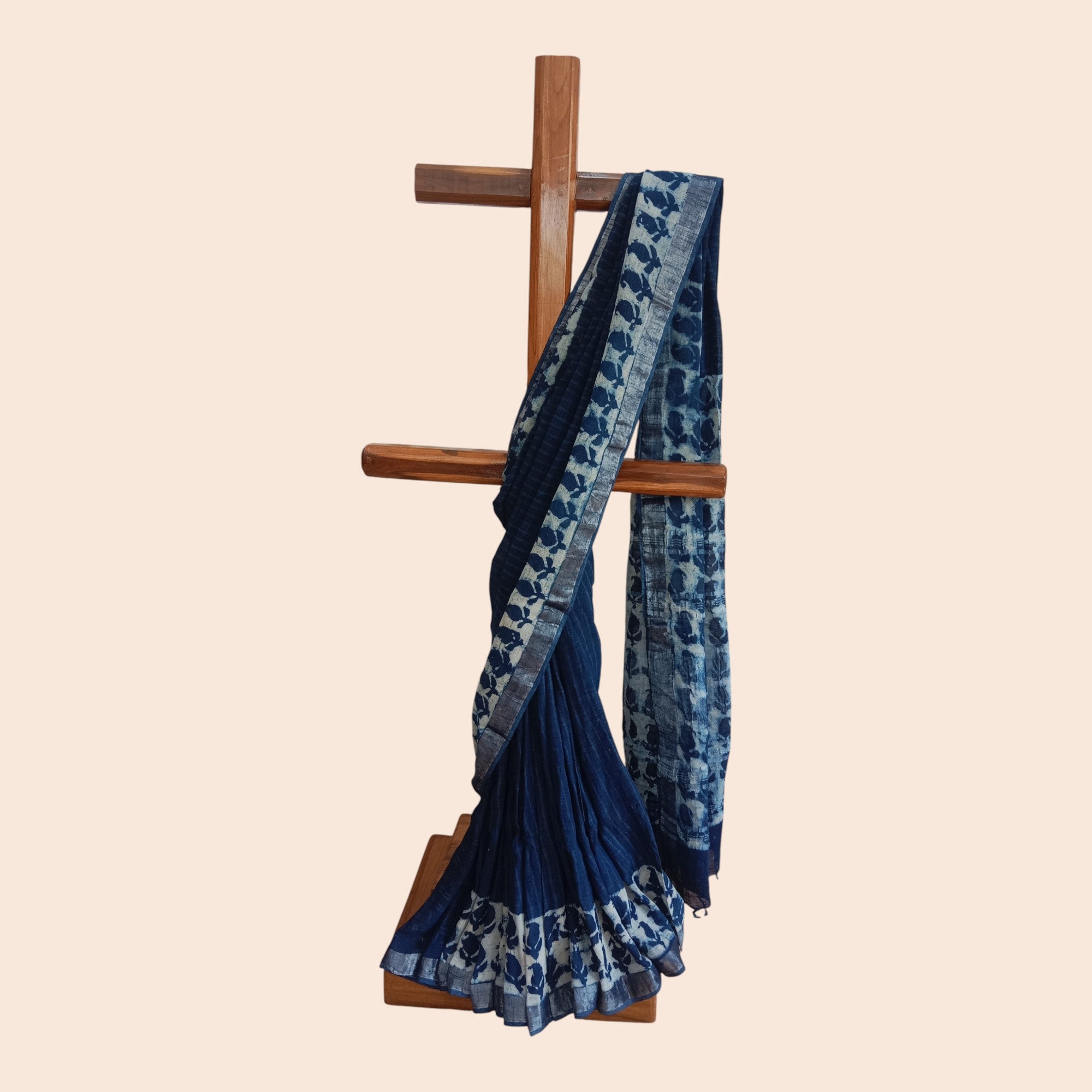 Blue Stripe Handblock Print Cotton Saree