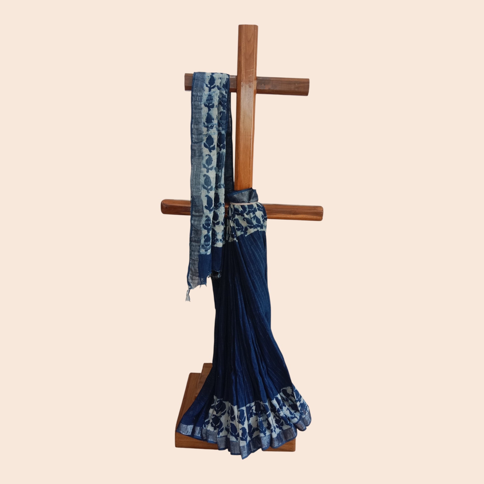 Blue Stripe Handblock Print Cotton Saree