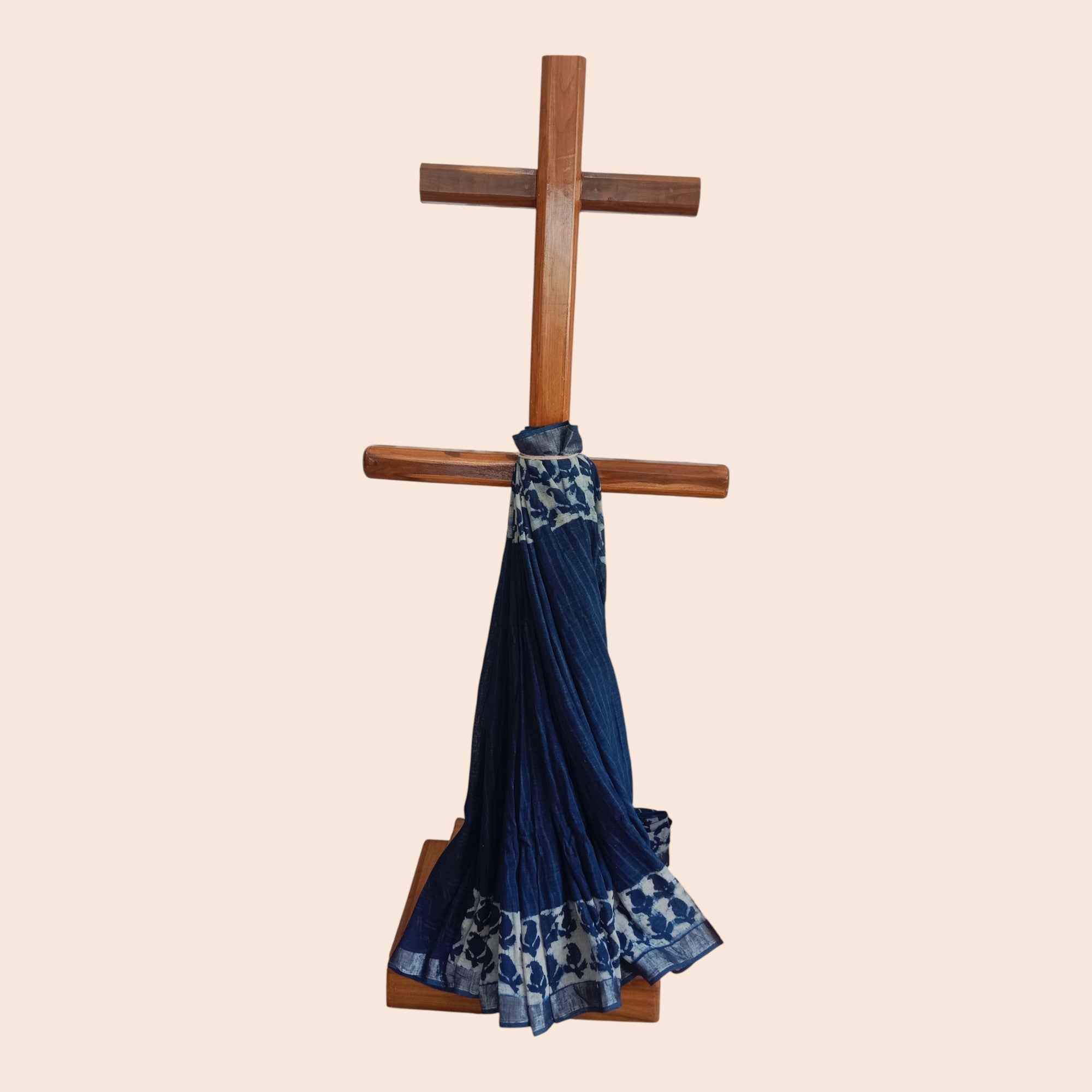 Blue Stripe Handblock Print Cotton Saree