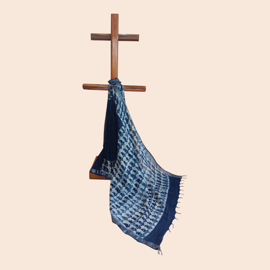 Blue Stripe Handblock Print Cotton Saree