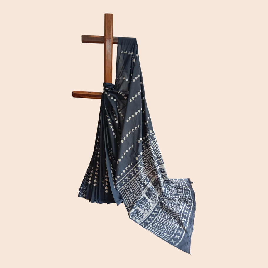Dark Blue Handblock Cotton Saree