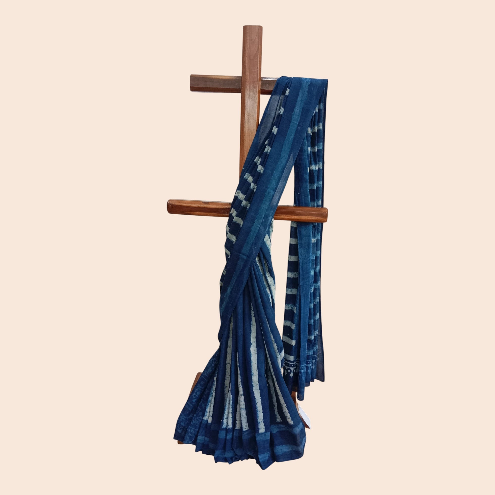 Indigo Stripe Handblock Print Cotton Saree