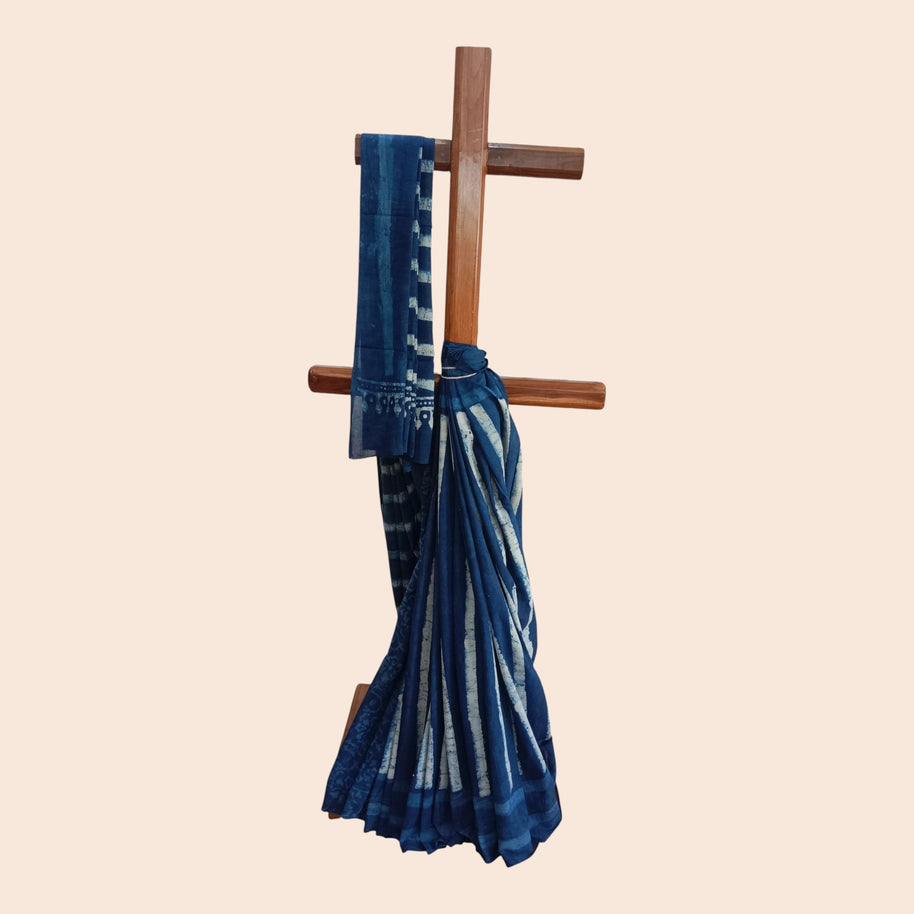 Indigo Stripe Handblock Print Cotton Saree