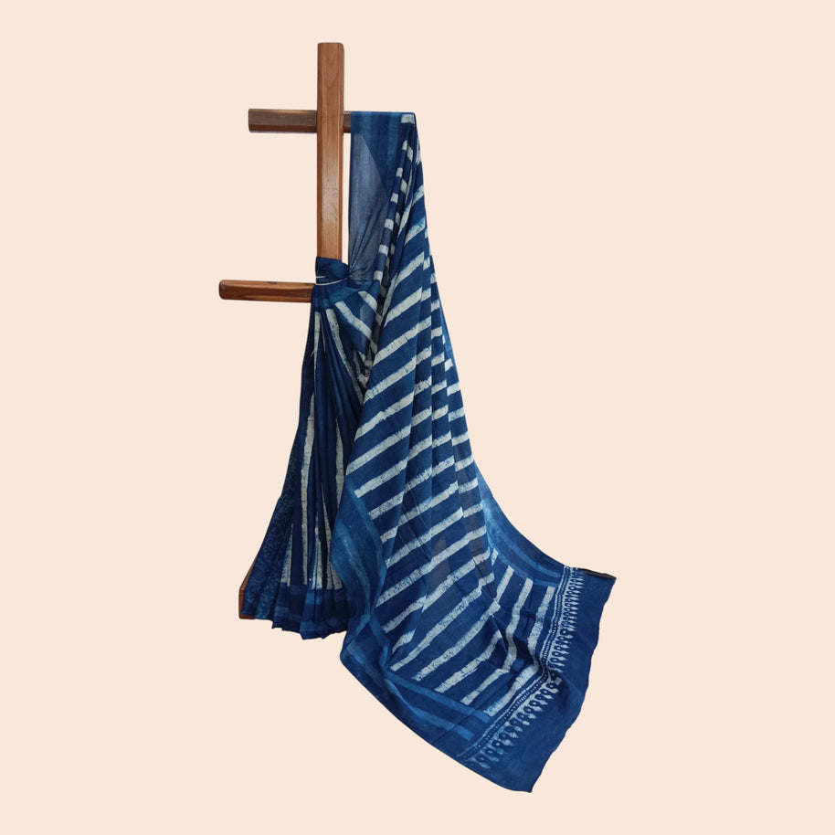 Indigo Stripe Handblock Print Cotton Saree