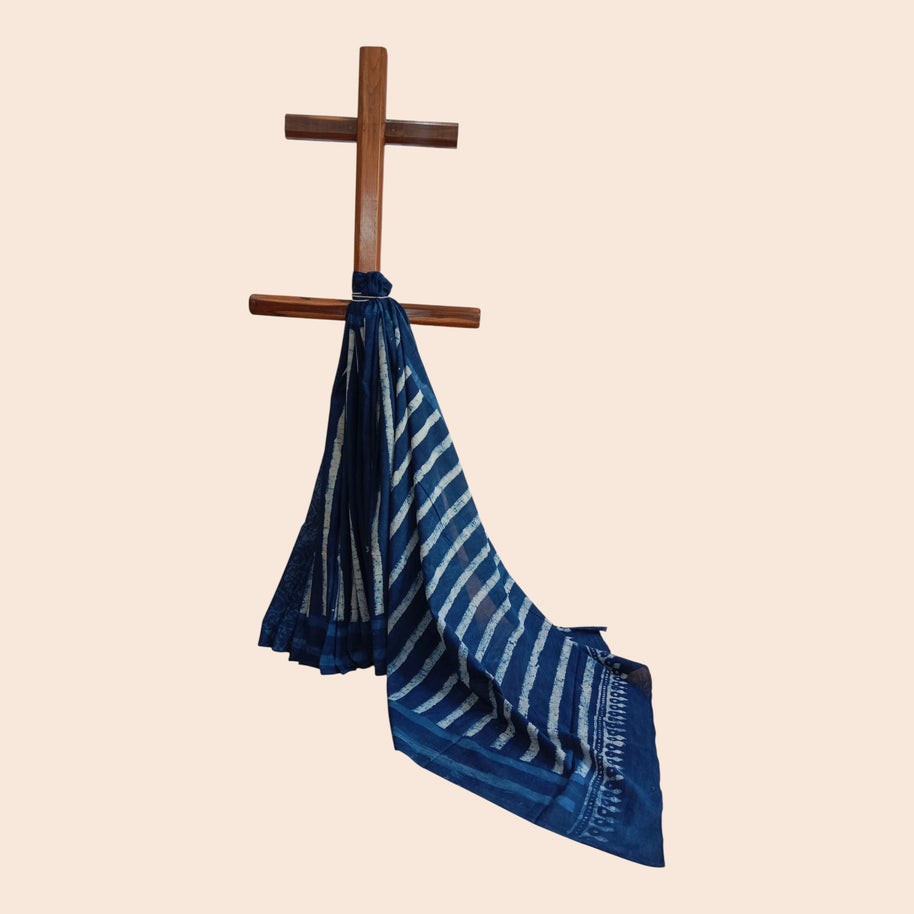 Indigo Stripe Handblock Print Cotton Saree