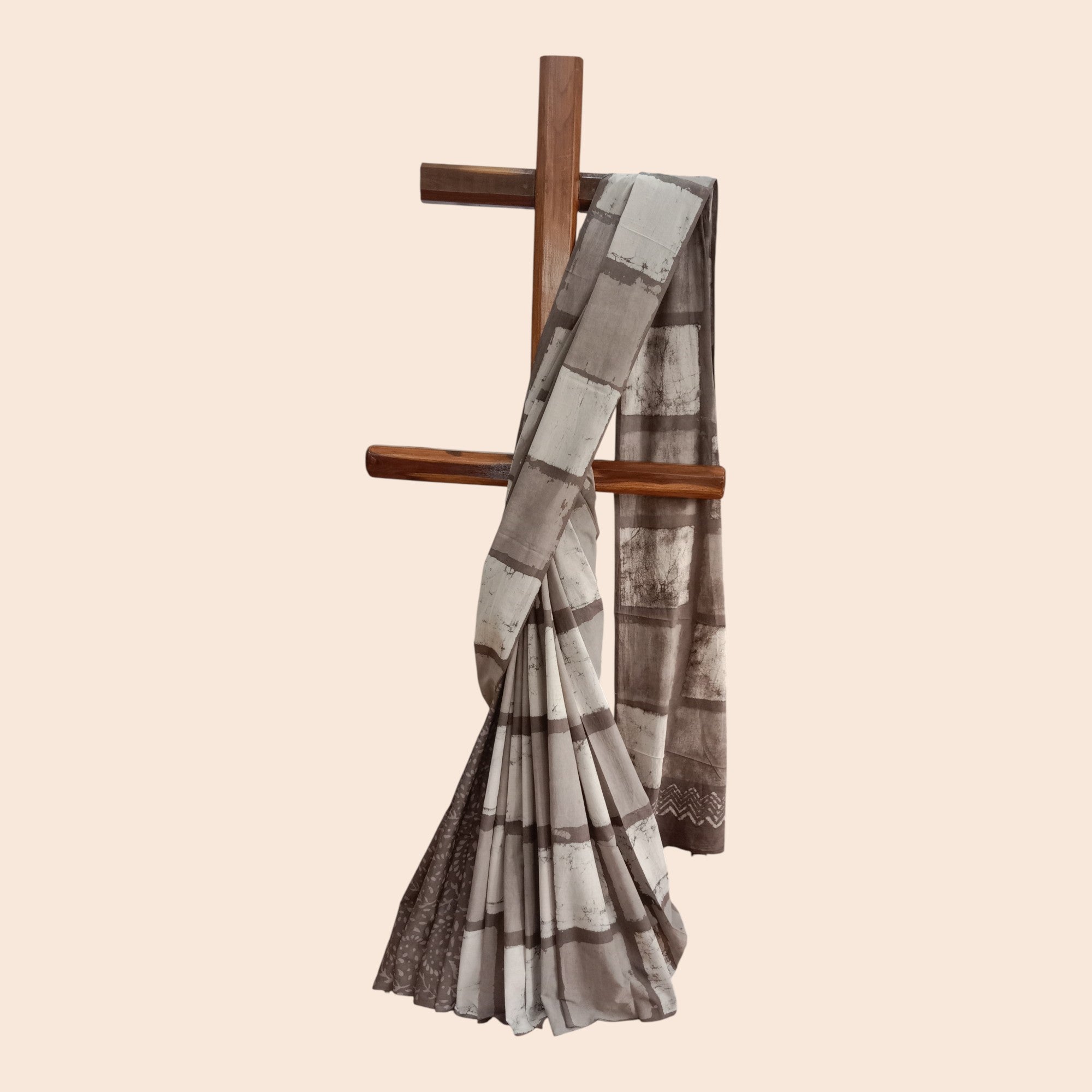 Grey White Check Handblock Cotton Saree