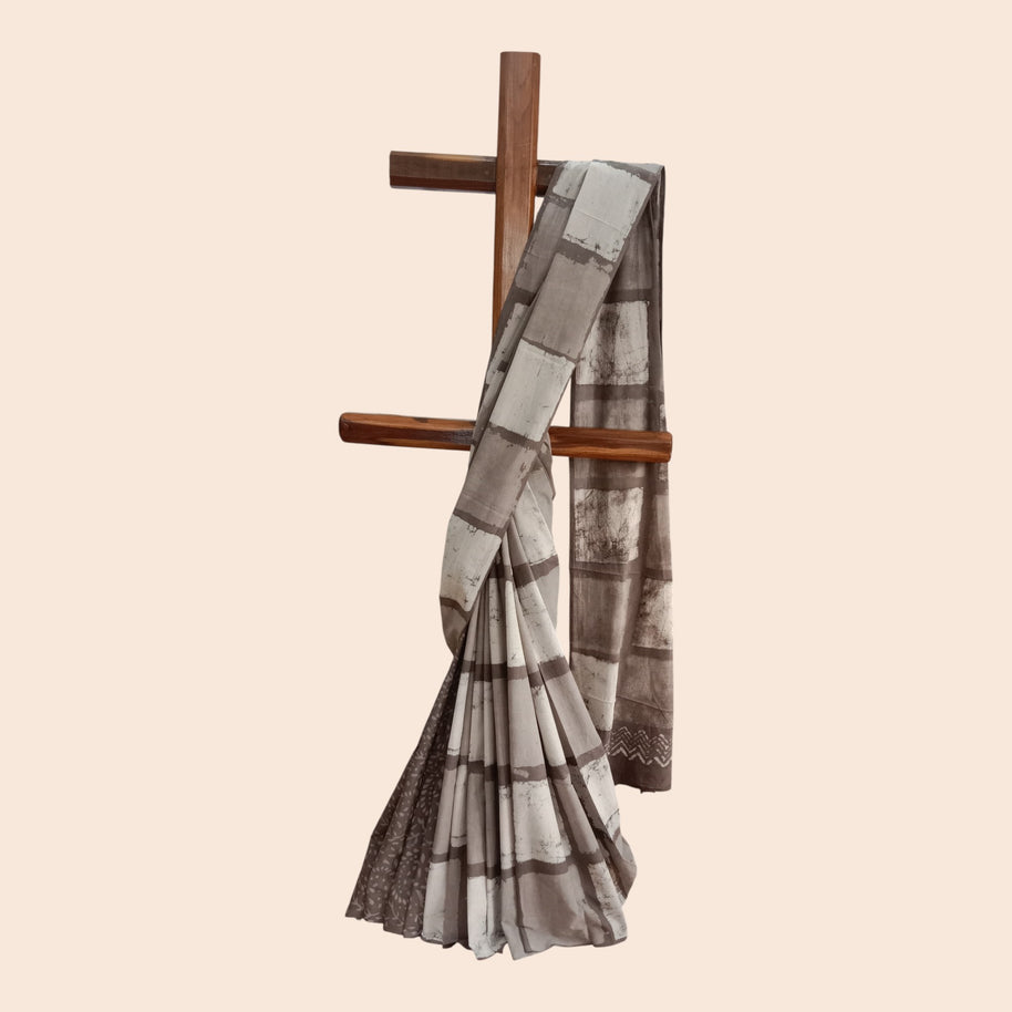 Grey White Check Handblock Cotton Saree