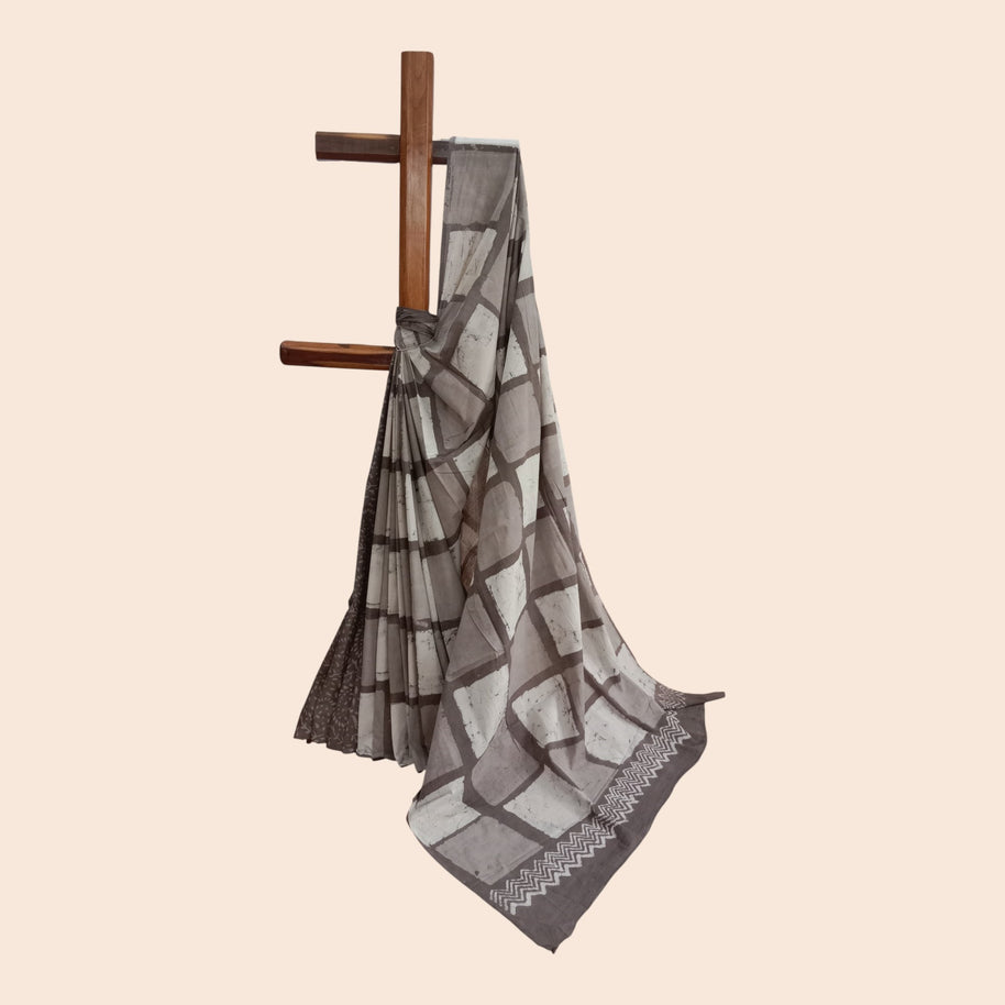 Grey White Check Handblock Cotton Saree
