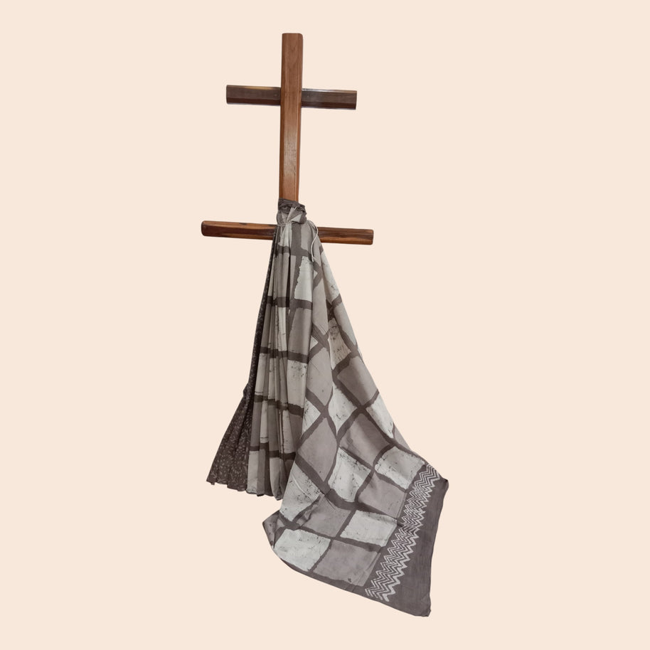 Grey White Check Handblock Cotton Saree