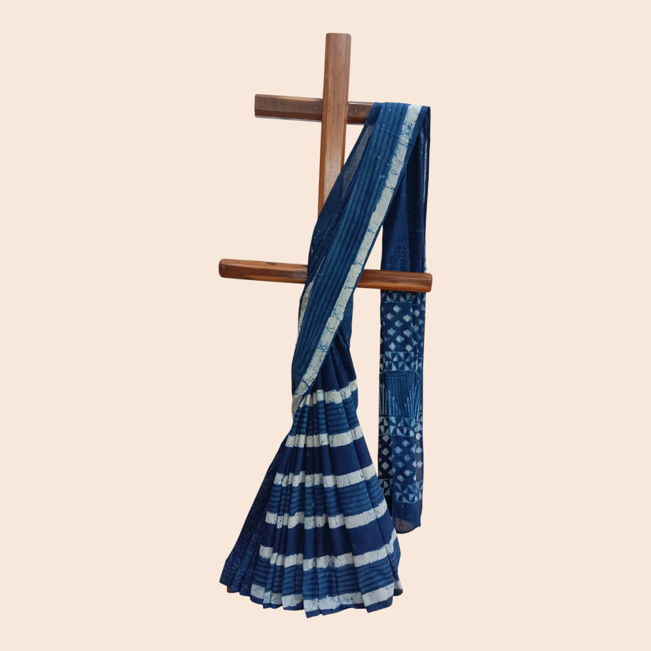 Blue Stripe Handblock Print Cotton Saree