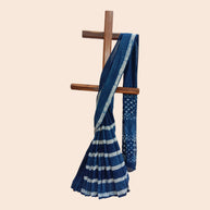 Blue Stripe Handblock Print Cotton Saree