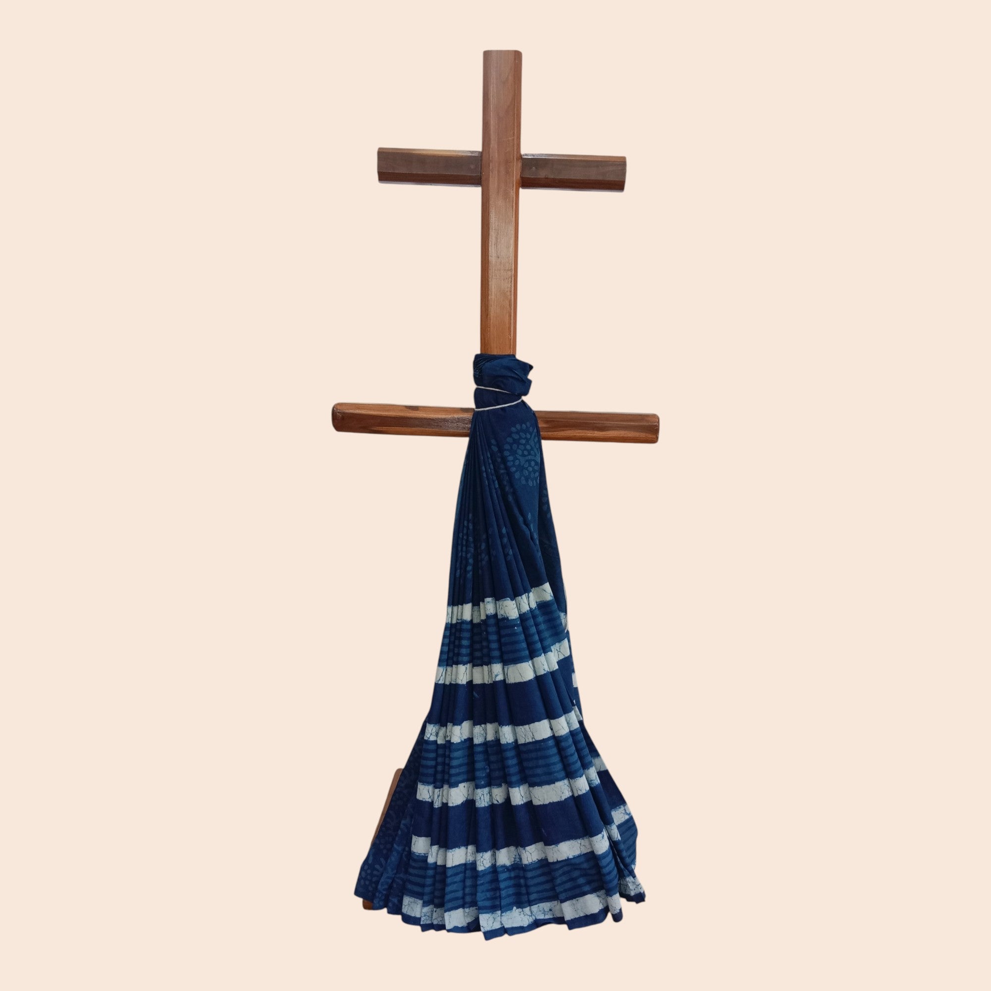 Blue Stripe Handblock Print Cotton Saree