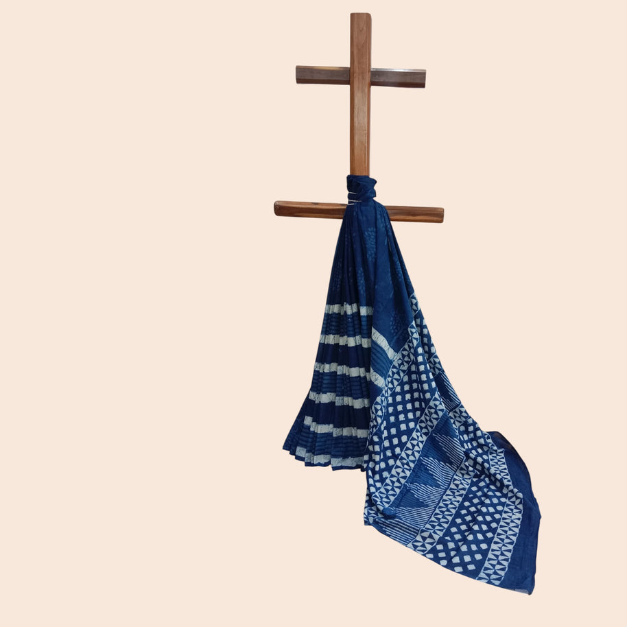 Blue Stripe Handblock Print Cotton Saree