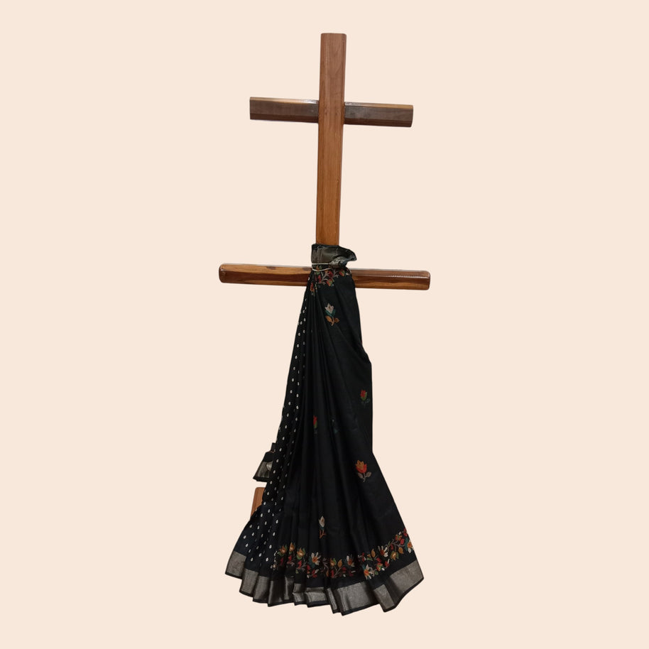 Black Multi Floral Silk Saree