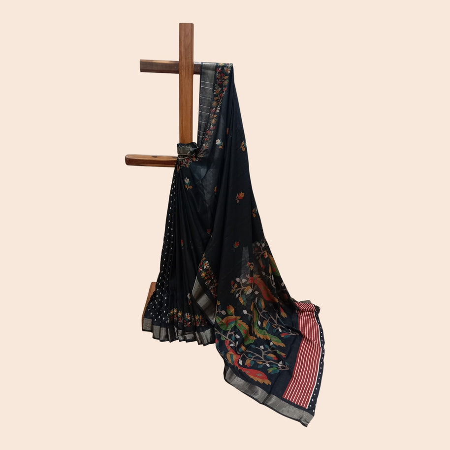 Black Multi Floral Silk Saree