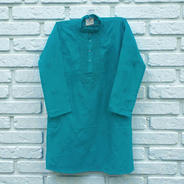 Teal Blue Chikankari Cotton Kurta