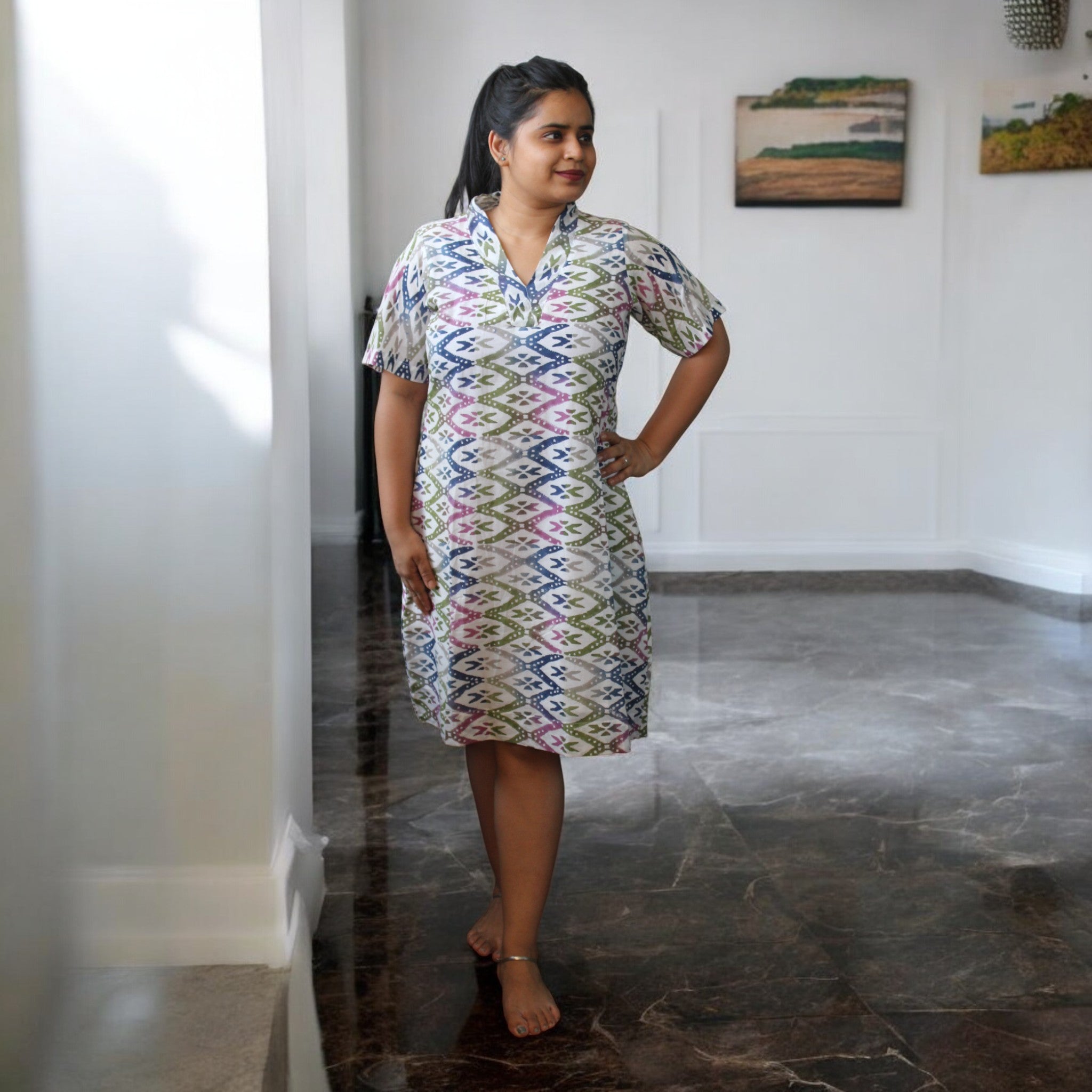 WhiteAura Handblock Cotton Short Dress