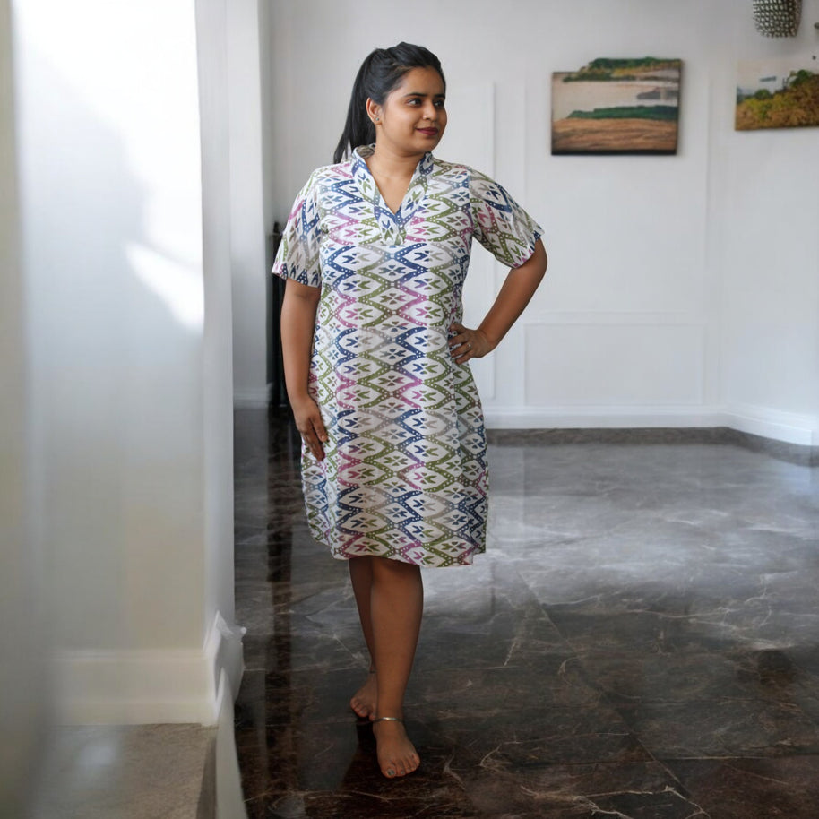 WhiteAura Handblock Cotton Short Dress