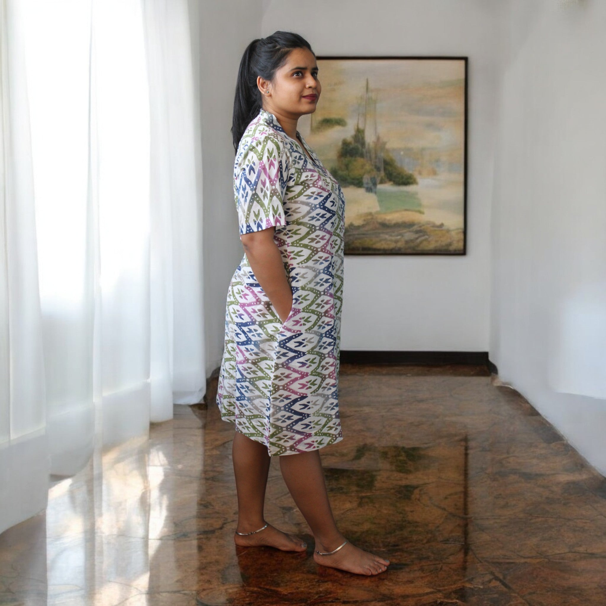 WhiteAura Handblock Cotton Short Dress