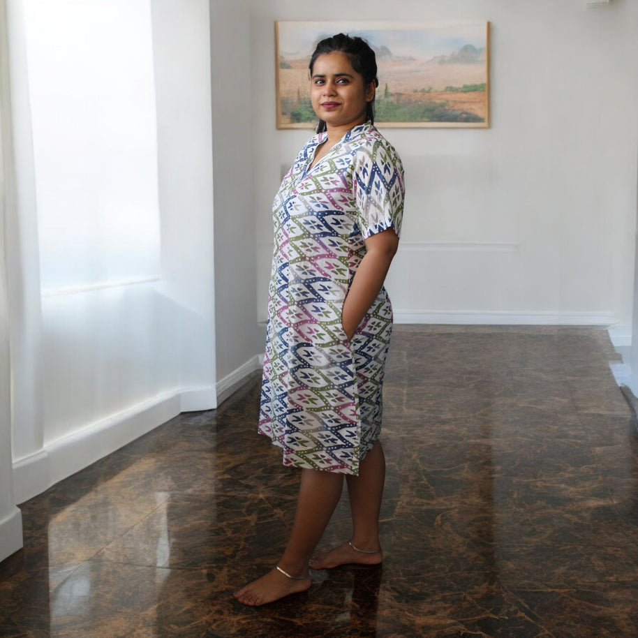 WhiteAura Handblock Cotton Short Dress