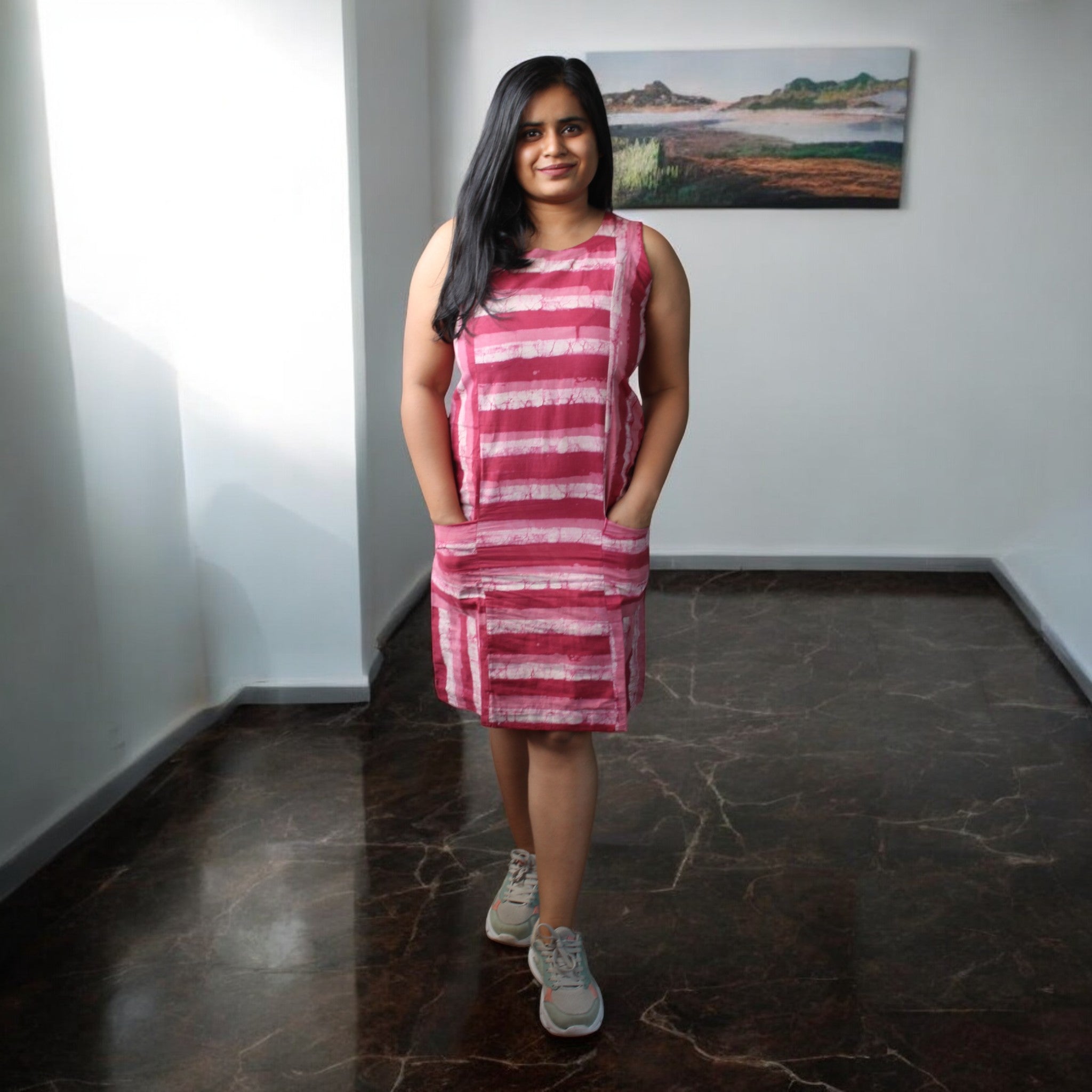 SoftStripes Handblock Cotton Shift Dress