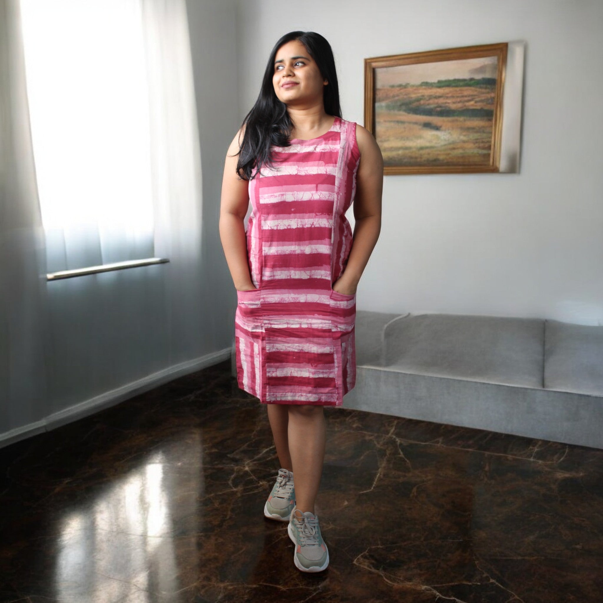 SoftStripes Handblock Cotton Shift Dress