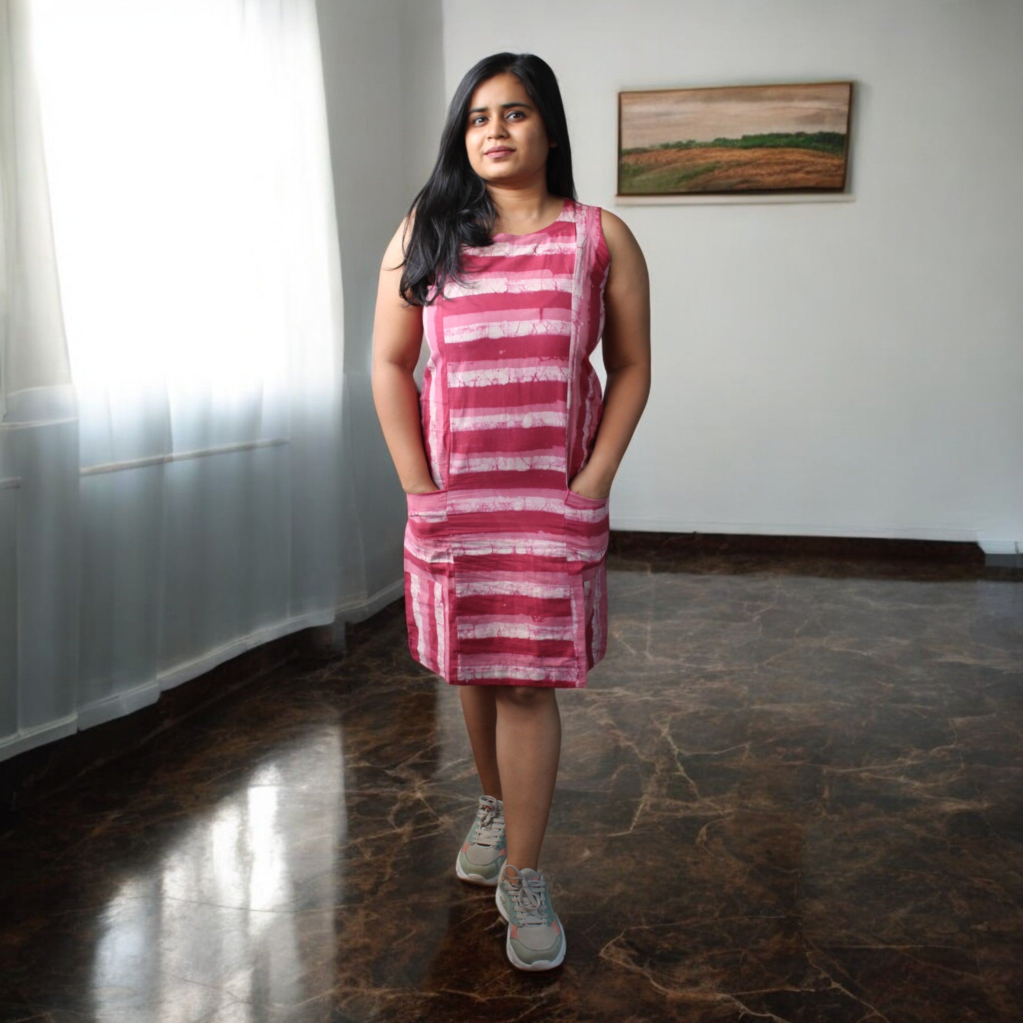 SoftStripes Handblock Cotton Shift Dress