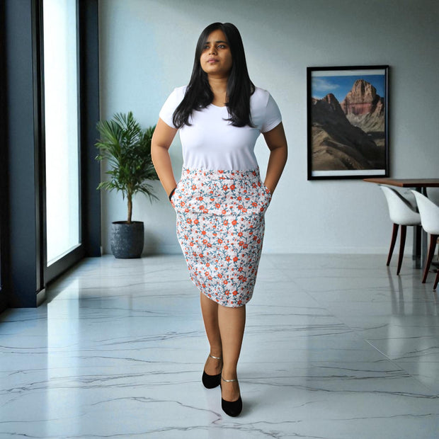 Hand Block Print Cyan Orange Floral Pencil Skirt
