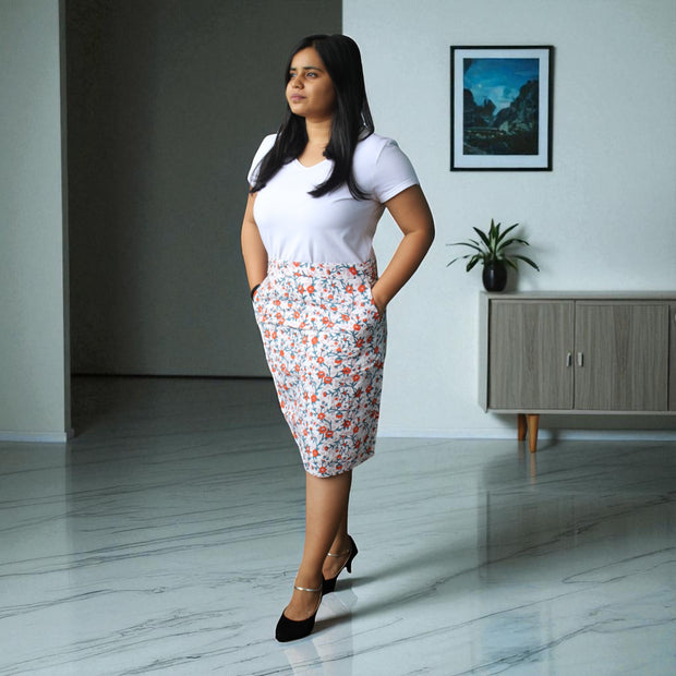 Hand Block Print Cyan Orange Floral Pencil Skirt