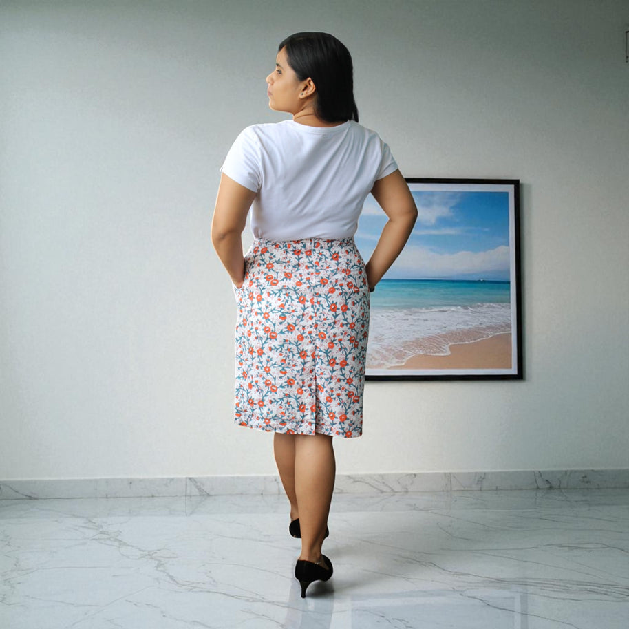 Hand Block Print Cyan Orange Floral Pencil Skirt