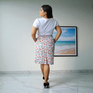 Hand Block Print Cyan Orange Floral Pencil Skirt