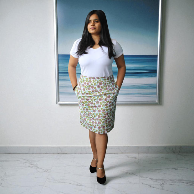 Hand Block Print Lilac Floral Pencil Skirt
