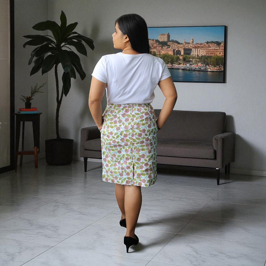 Hand Block Print Lilac Floral Pencil Skirt