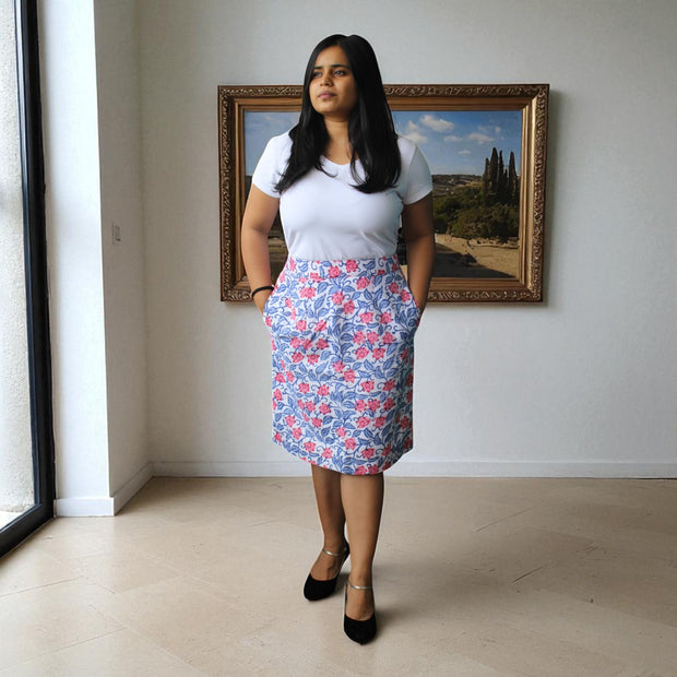Hand Block Print Blue Pink Floral Pencil Skirt