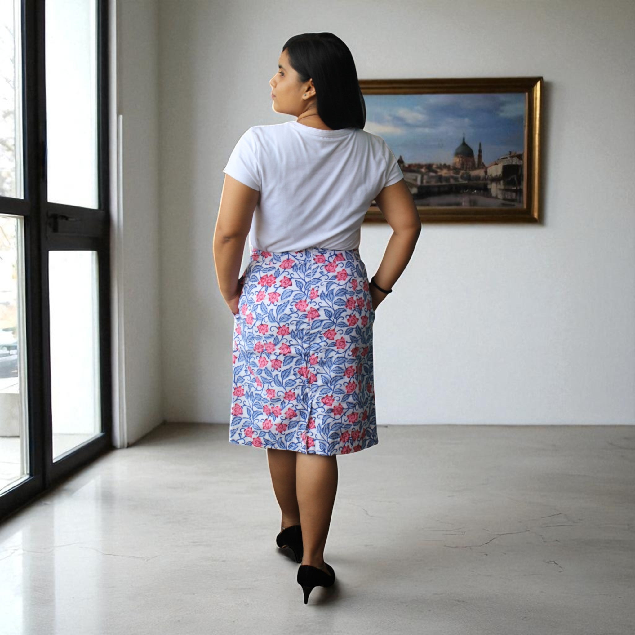 Hand Block Print Blue Pink Floral Pencil Skirt