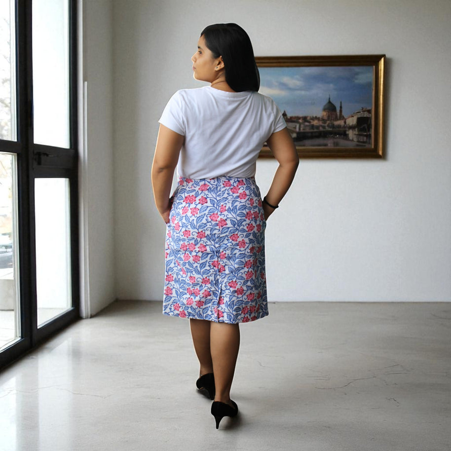 Hand Block Print Blue Pink Floral Pencil Skirt