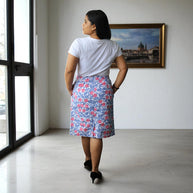 Hand Block Print Blue Pink Floral Pencil Skirt