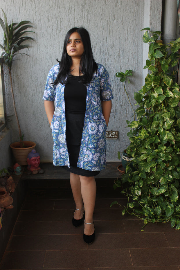 Blue Floral Handblock Cotton Shrug