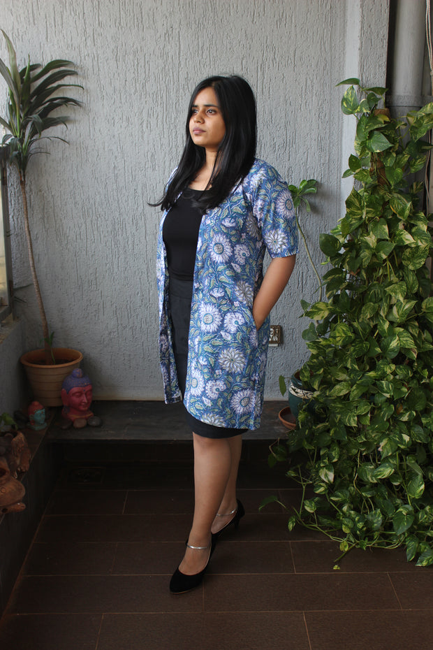 Blue Floral Handblock Cotton Shrug