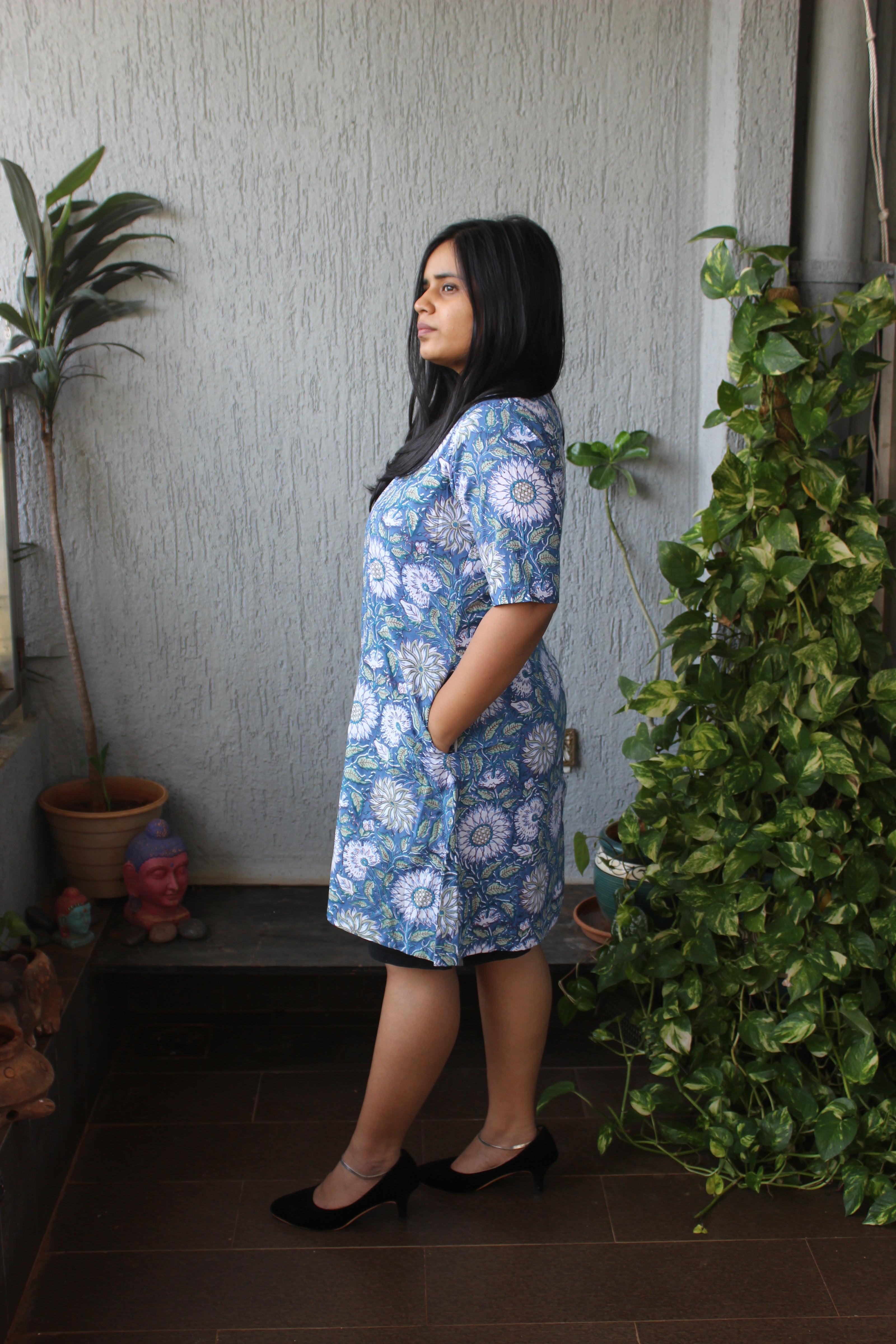 Blue Floral Handblock Cotton Shrug